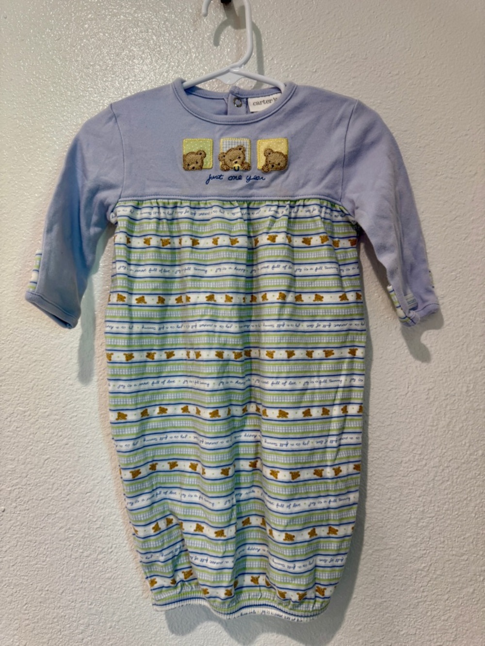 Baby Just One Year Teddy Bear Long Sleeve Sleep Gown One Size Unisex Blue Stripe